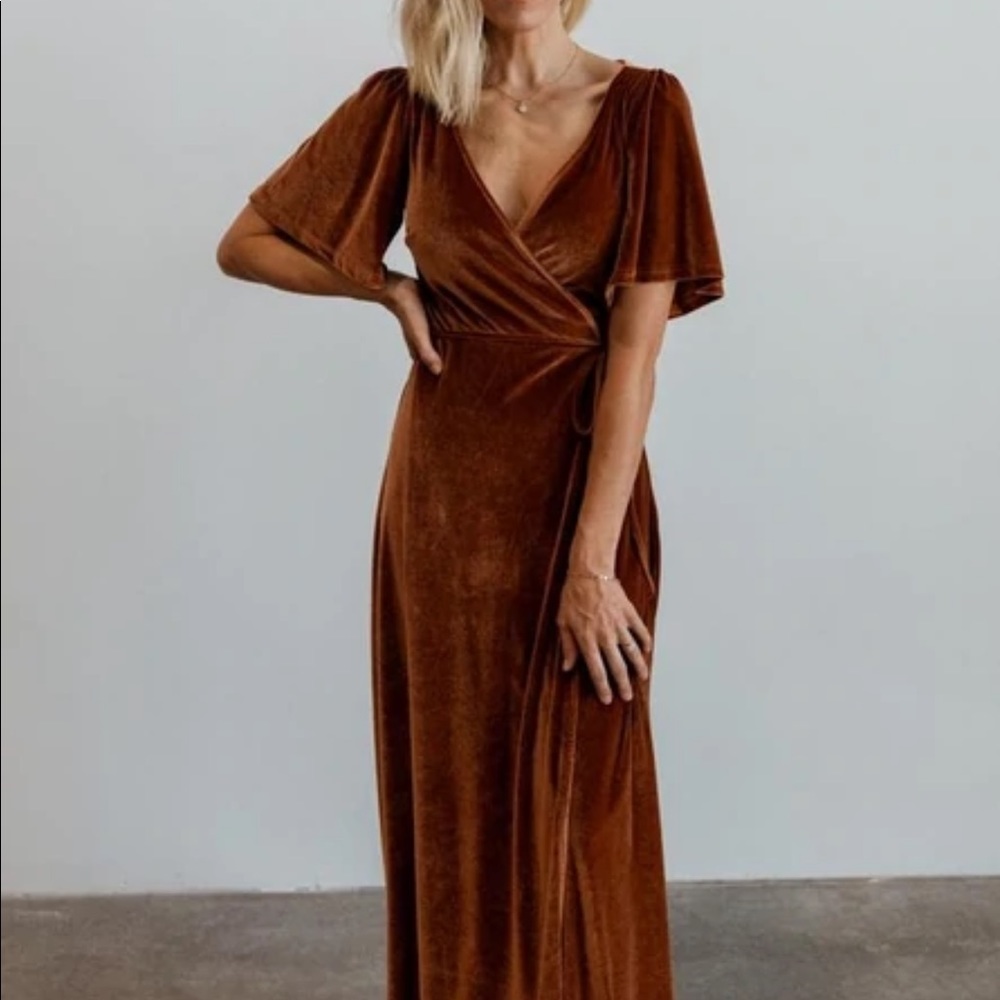 BALTIC BORN copper velvet wrapped maxi dress.